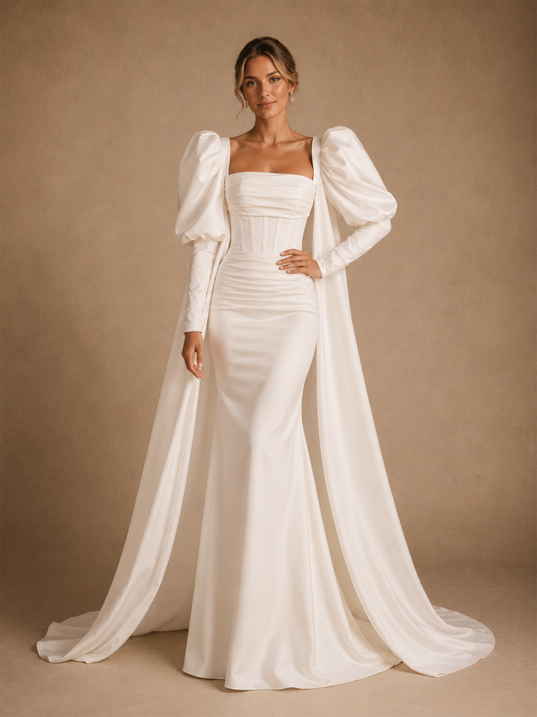 ChicSew Unique Square Long Sleeves Boning Satin Mermaid Floor-Length Wedding Dress