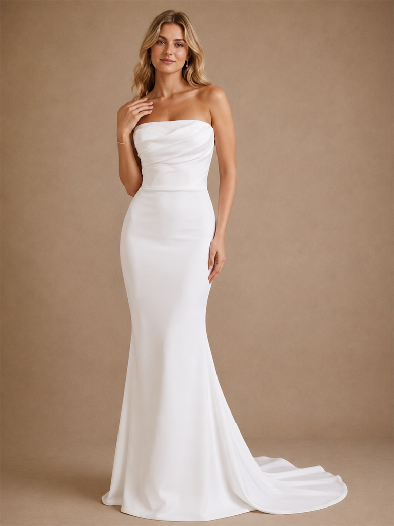 ChicSew Sexy Strapless Ruching Mermaid Satin Floor-Length Wedding Dress