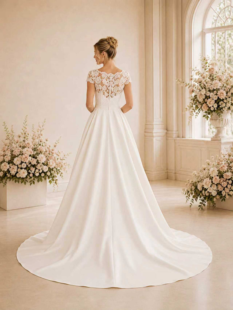 ChicSew A-line Cap Sleeves Lace Maxi Long Wedding Dresses With Satin Overskirt