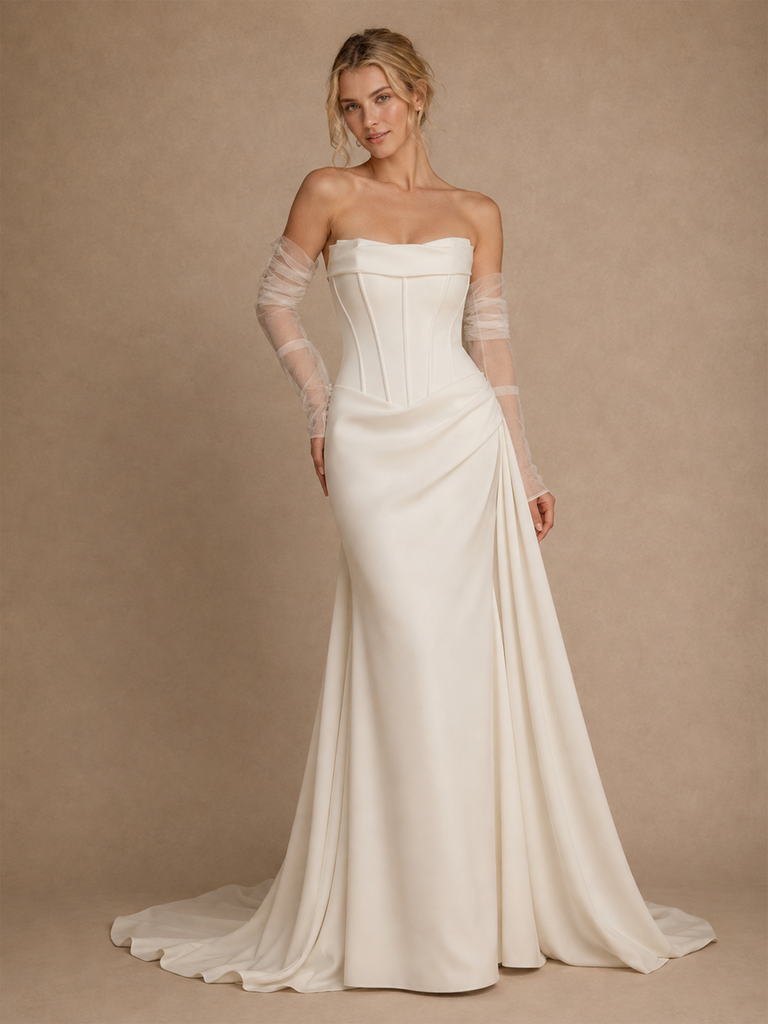 ChicSew Sexy Strapless Ruching Satin Mermaid Floor-Length Wedding Dress With Boning