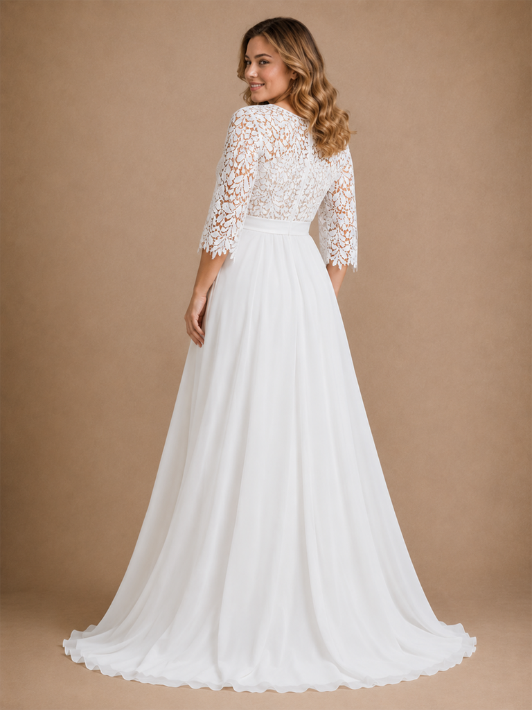 ChicSew Classy V-Neck Lace Chiffon 3/4 Sleeves A-Line Floor-Length Wedding Dress