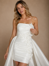 ChicSew Modern Unique Satin Strapless Sheath Ruched Floral Applique Mini-Length Wedding Dresses With Overskirt