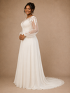ChicSew Classy Illusion Lace Applique Chiffon Long Sleeves A-Line Floor-Length Wedding Dress