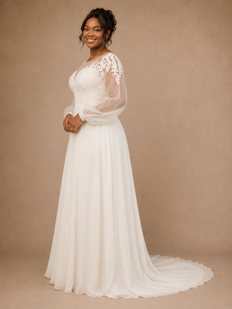 ChicSew Classy Illusion Lace Applique Chiffon Long Sleeves A-Line Floor-Length Wedding Dress