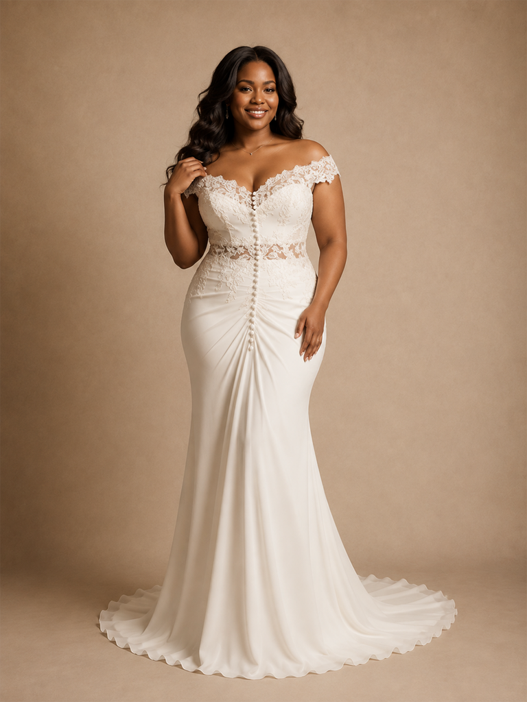 ChicSew Unique Off The Shoulder Lace Appliques Chiffon Long Mermaid Wedding Dress