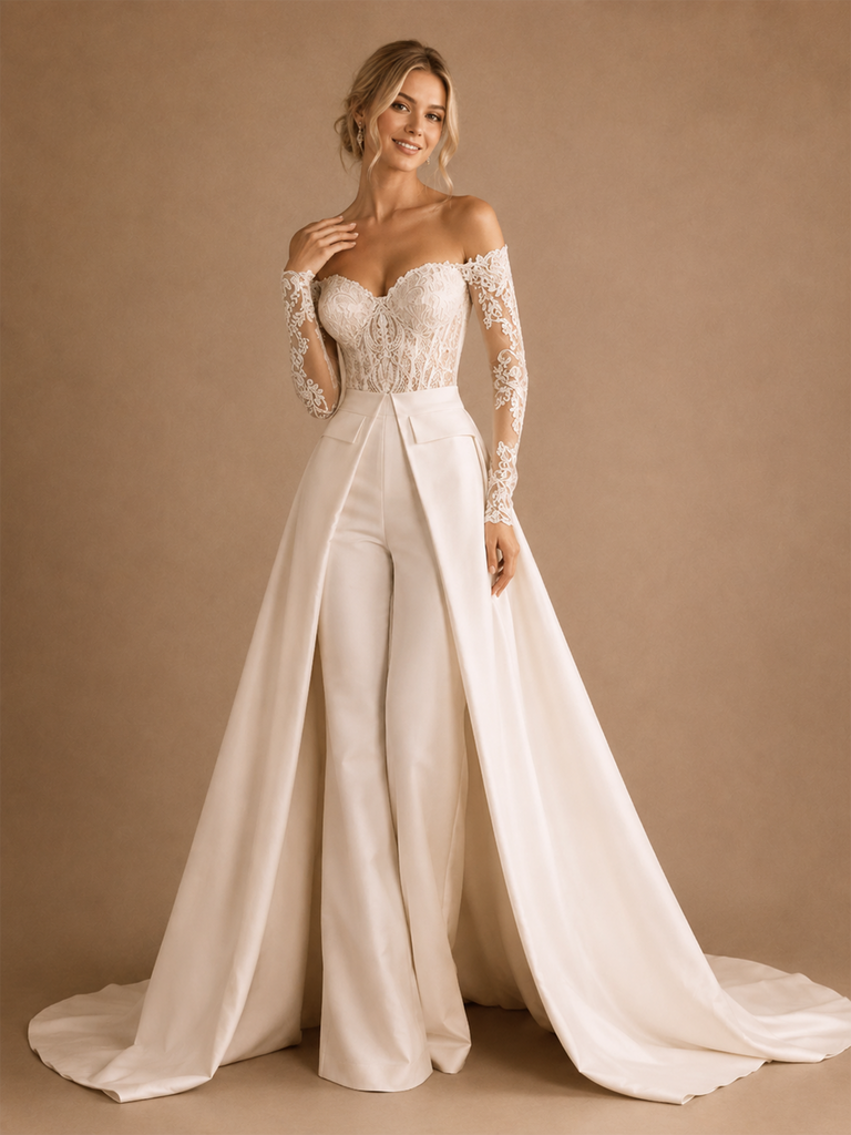 ChicSew Modern Sweetheart Long Sleeve Lace Satin Maxi Wedding Jumpsuit With Overskirt