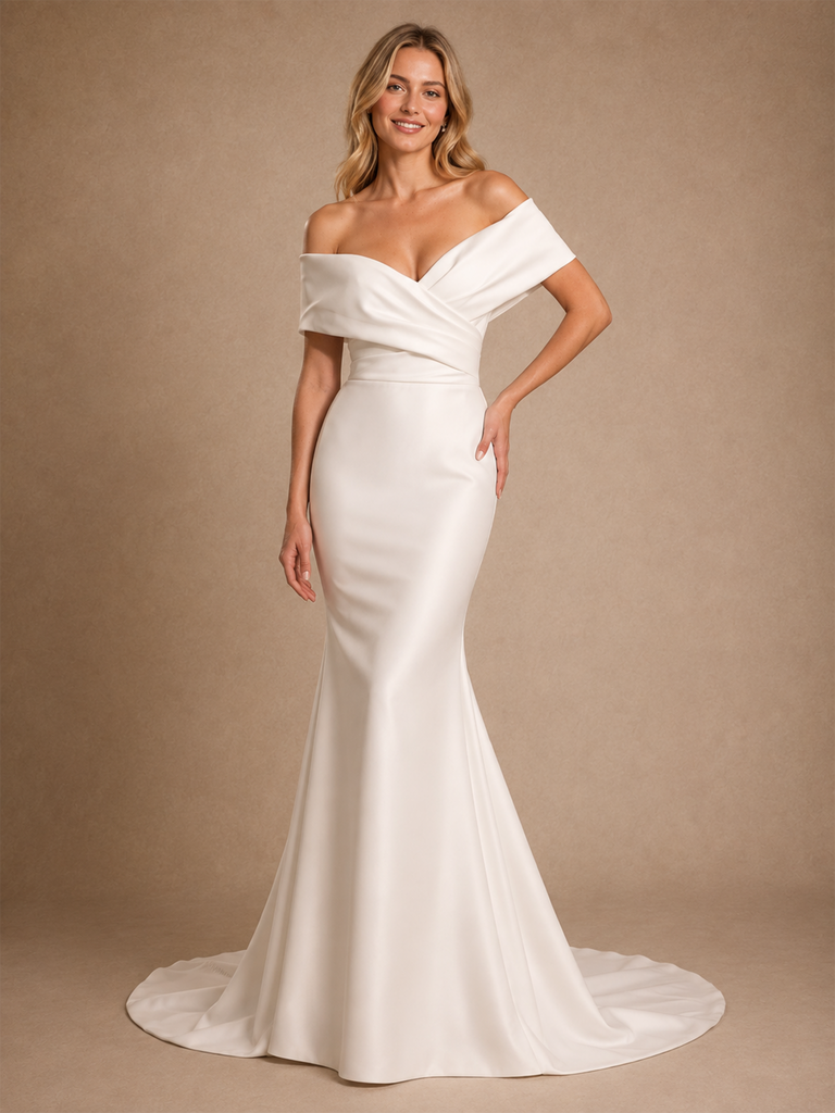 ChicSew Fancy Off The Shouder V-Neck Ruching Mermaid Satin Long Wedding Dress