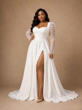 ChicSew Elegant A-Line Crepe Long Tulle Sleeves Side Slit Maxi Wedding Dress