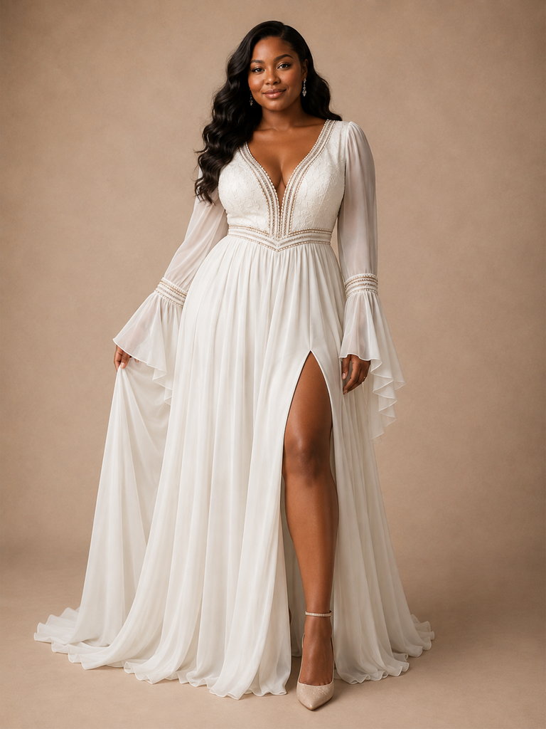 ChicSew Sexy V-Neck Chiffon Long Flutter Sleeves A-Line Side Slit Maxi Wedding Dress