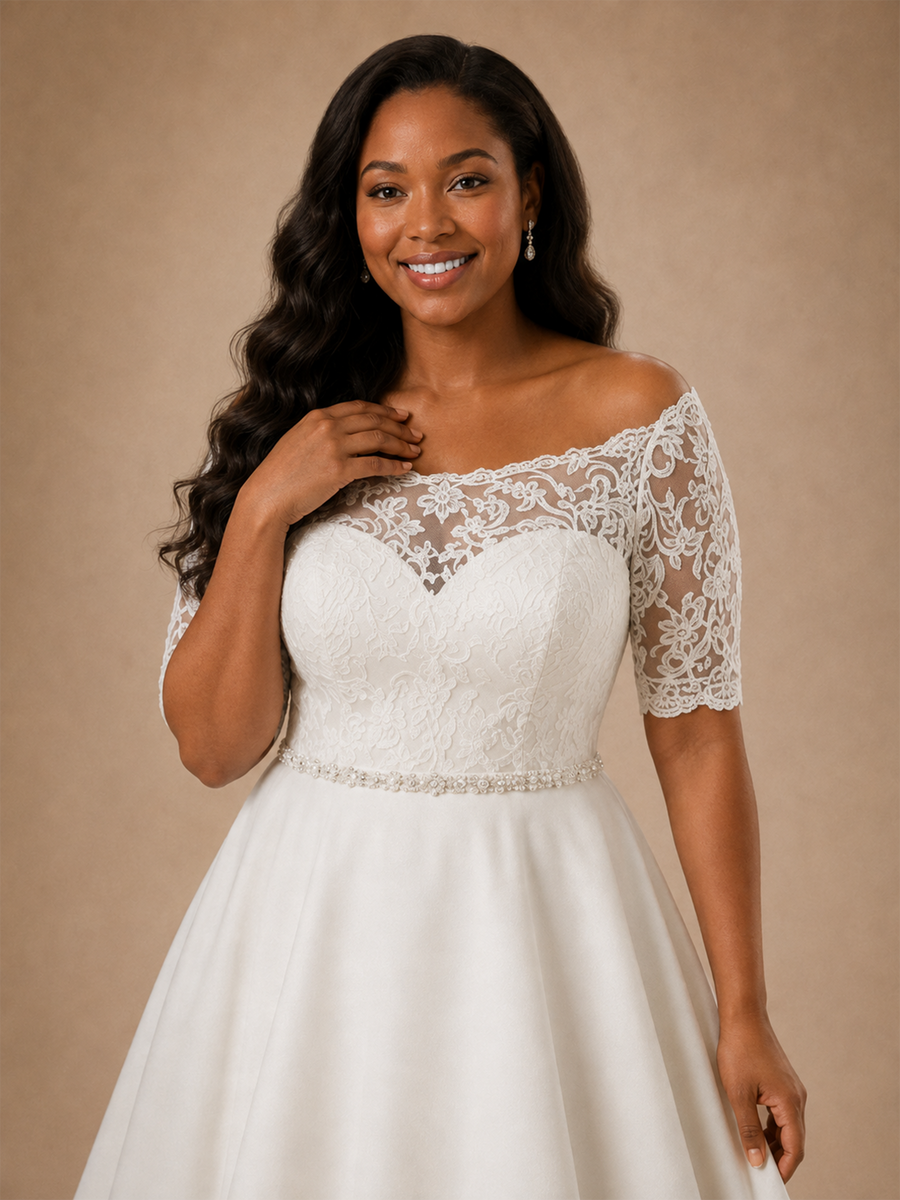 ChicSew Elegant Short Sleeves Rhinestone A-Line Lace Appliques Crepe Maxi Wedding Dress
