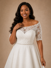 ChicSew Elegant Short Sleeves Rhinestone A-Line Lace Appliques Crepe Maxi Wedding Dress