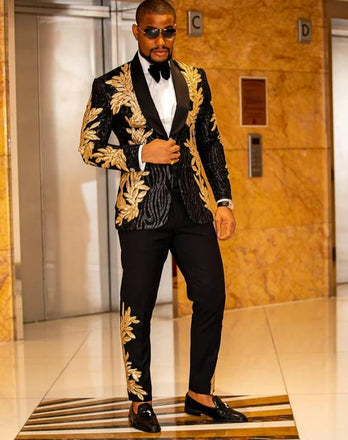 Men's 2-Piece Slim Fit Sequin Golden Leaves Embroidery Tuxedo CN415
