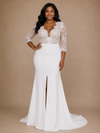 ChicSew Elegant Mermaid V-Neck 3/4 Sleeves Slit Lace Crepe Floor-Length Wedding Dress