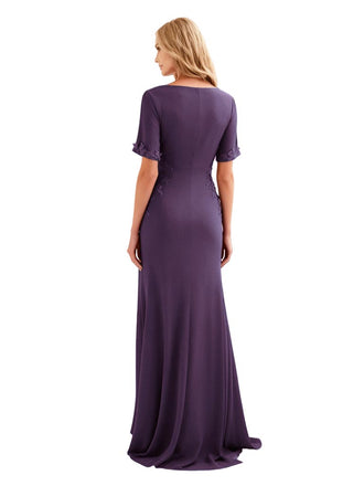 Elegant V-Neck Half Sleeves Chiffon Mermaid Long Mother of The Bride Dresses