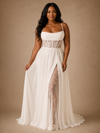 ChicSew Classy Spaghetti Straps Lace Applique Chiffon Side Slit A-Line Long Wedding Dress With Pleats