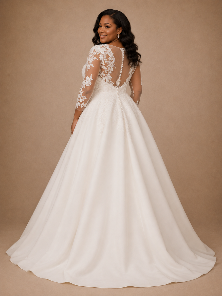ChicSew Elegant V-Neck Long Sleeves A-Line Lace Appliques Crepe Maxi Wedding Dress