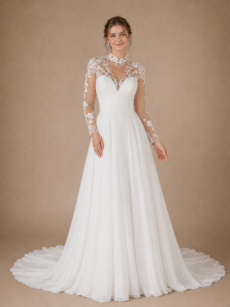 ChicSew Classy High Neck Long Sleeves Lace Chiffon A-Line Maxi Wedding Dress