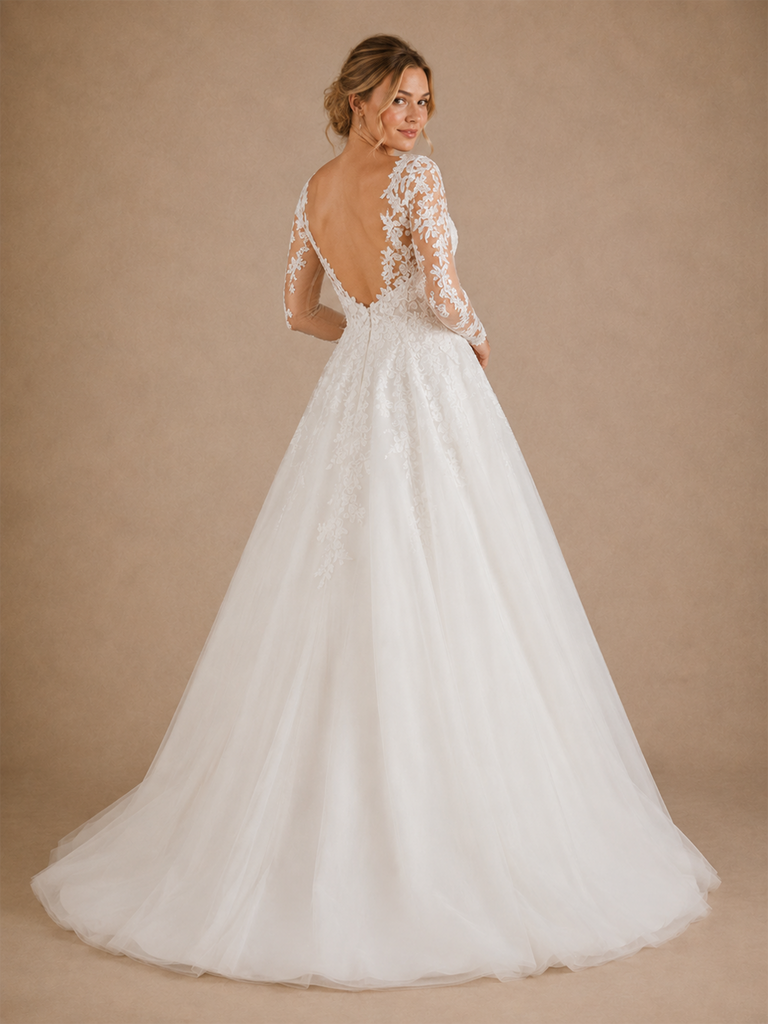 ChicSew Elegant V-Neck Long Sleeves Open Back A-Line Lace Tulle Wedding Dress