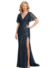 Elegant Chiffon V-Neck Short Sleeves Side Slit Mermaid Long Mother Of The Bride Dresses