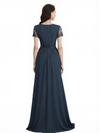 Elegant Chiffon A-Line Short Sleeves V-Neck Side Slit Lace Long Mother Of The Bride Dresses
