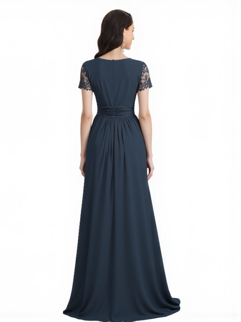 Elegant Chiffon A-Line Short Sleeves V-Neck Side Slit Lace Long Mother Of The Bride Dresses