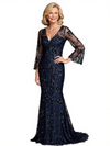 Elegant V-Neck Long Sleeves Lace Mermaid Long Mother Of The Bride and Groom Dresses
