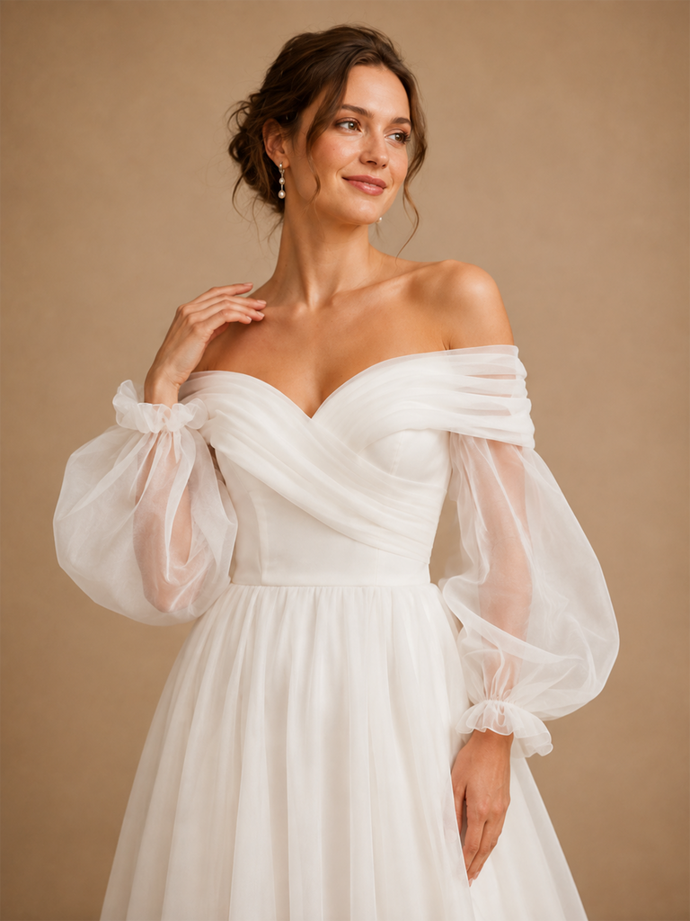 ChicSew Elegant Off Shoulder Long Sleeves Tulle A-Line Maxi Wedding Dress