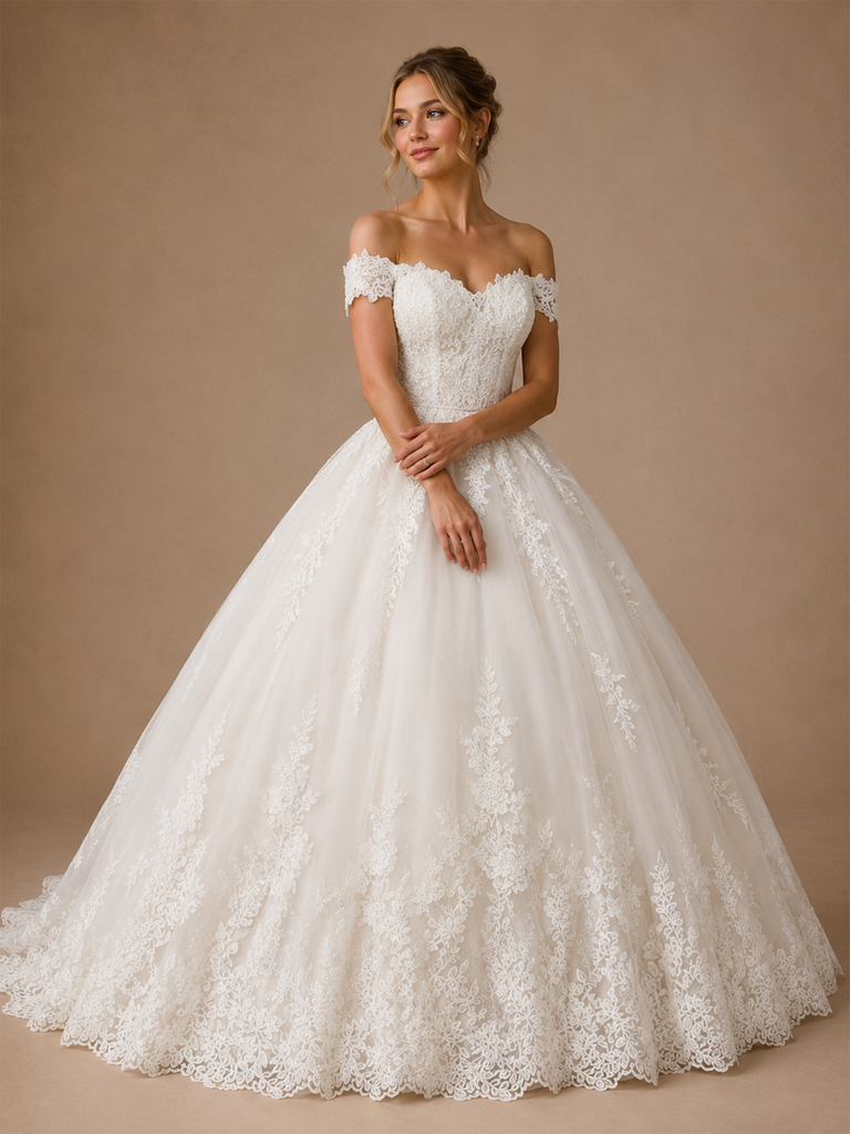 ChicSew Elegant V-Neck Off The Shoulder Lace Tulle A-Line Floor-Length Wedding Dress