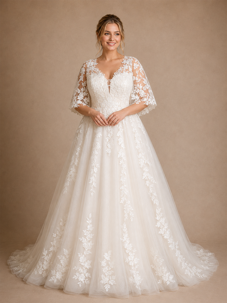 ChicSew Romantic Unique V-Neck A-Line Lace Tulle Flutter Sleeves Maxi Wedding Dresses
