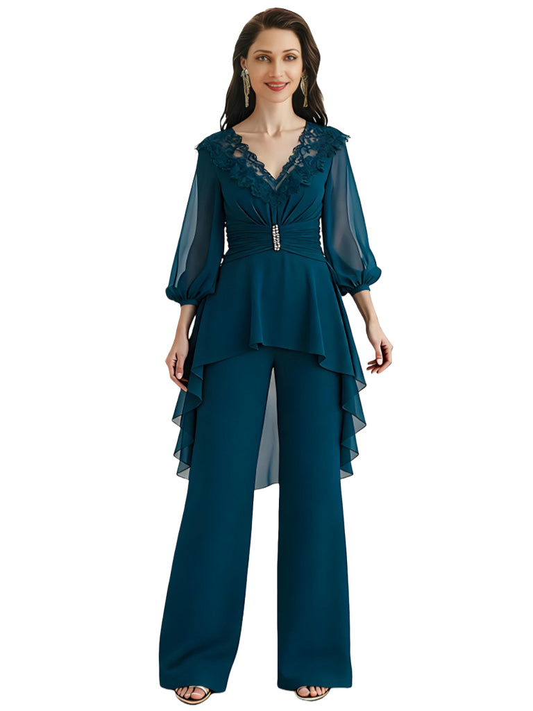 Elegant Lace V-neck 3/4 Sleeves Chiffon Jumpsuit For Long Mother Of The Bride