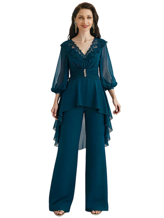 Elegant Lace V-neck 3/4 Sleeves Chiffon Jumpsuit For Long Mother Of The Bride