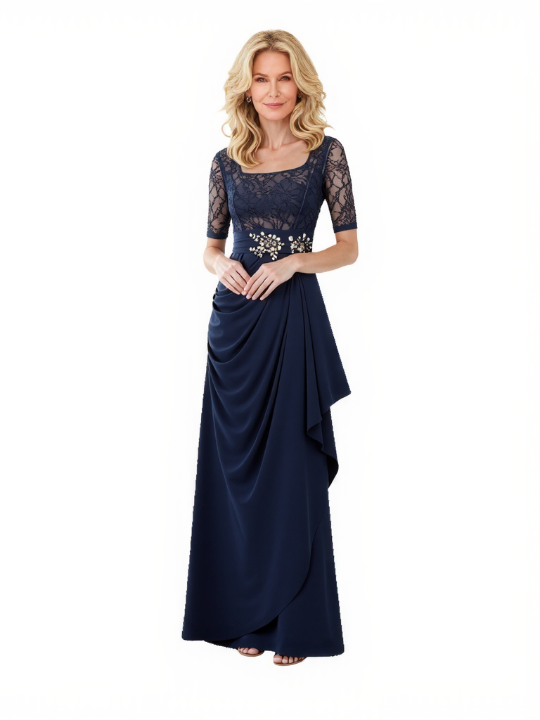 Elegant Half Sleeves Square Neck Chiffon A-Line Long Mother Of The Groom Dresses