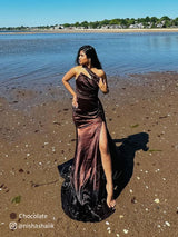 One shoulder Side Slit Mermaid Silky Satin Unique Long Formal Wedding Guest Dresses