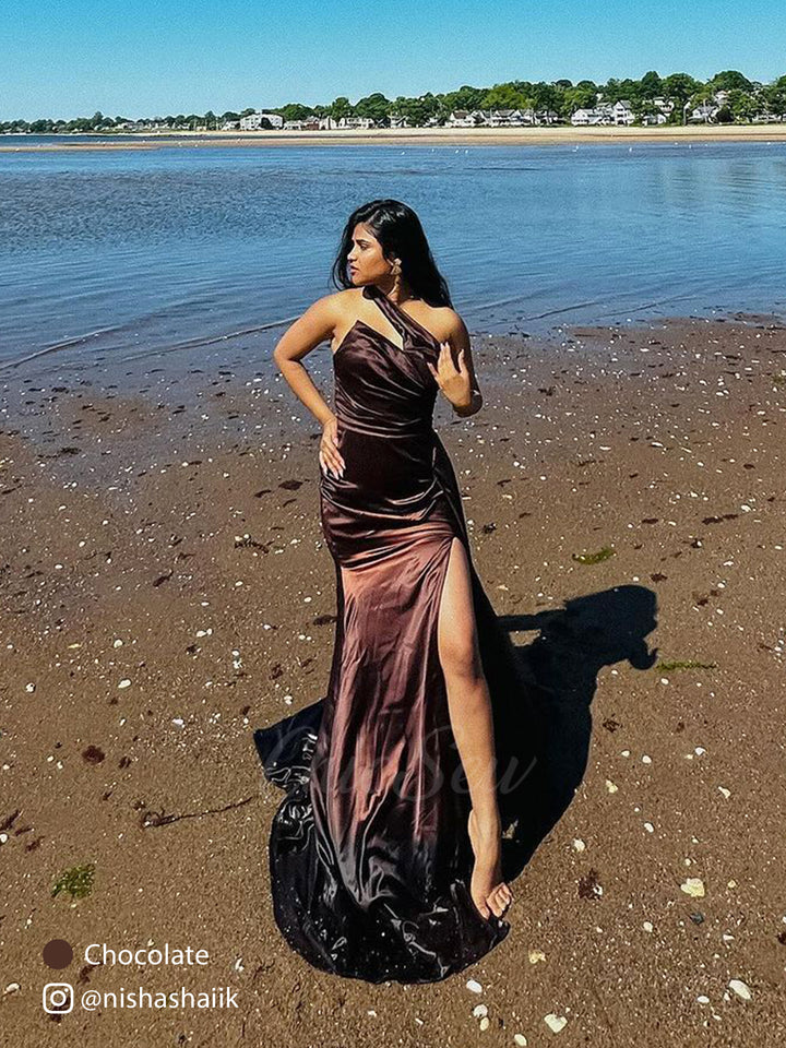 One shoulder Side Slit Mermaid Silky Satin Unique Long Formal Wedding Guest Dresses