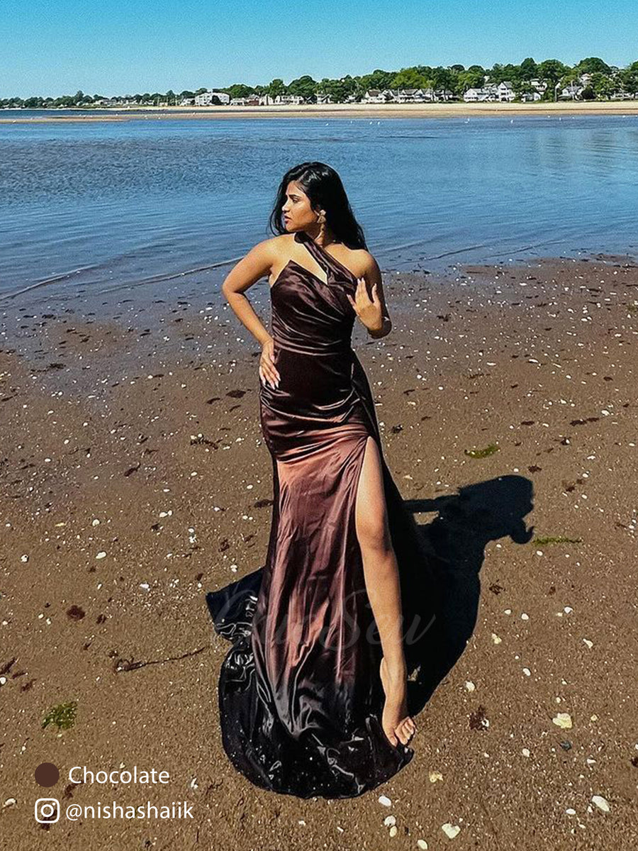 One shoulder Side Slit Mermaid Silky Satin Unique Long Formal Wedding Guest Dresses