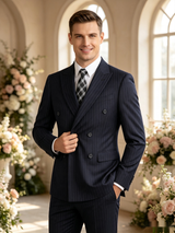 Classic 3 Piece Dark Navy Men's Suit with Regular Fit and Sophisticated Peak Lapel Vertical Strips