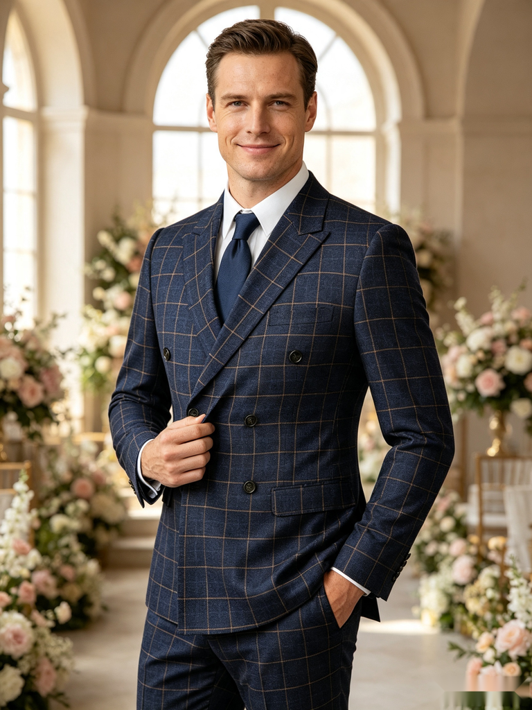 Classic 2 Piece Dark Navy Men's Suit with Regular Fit and Sophisticated Peak Lapel Vertical Strips