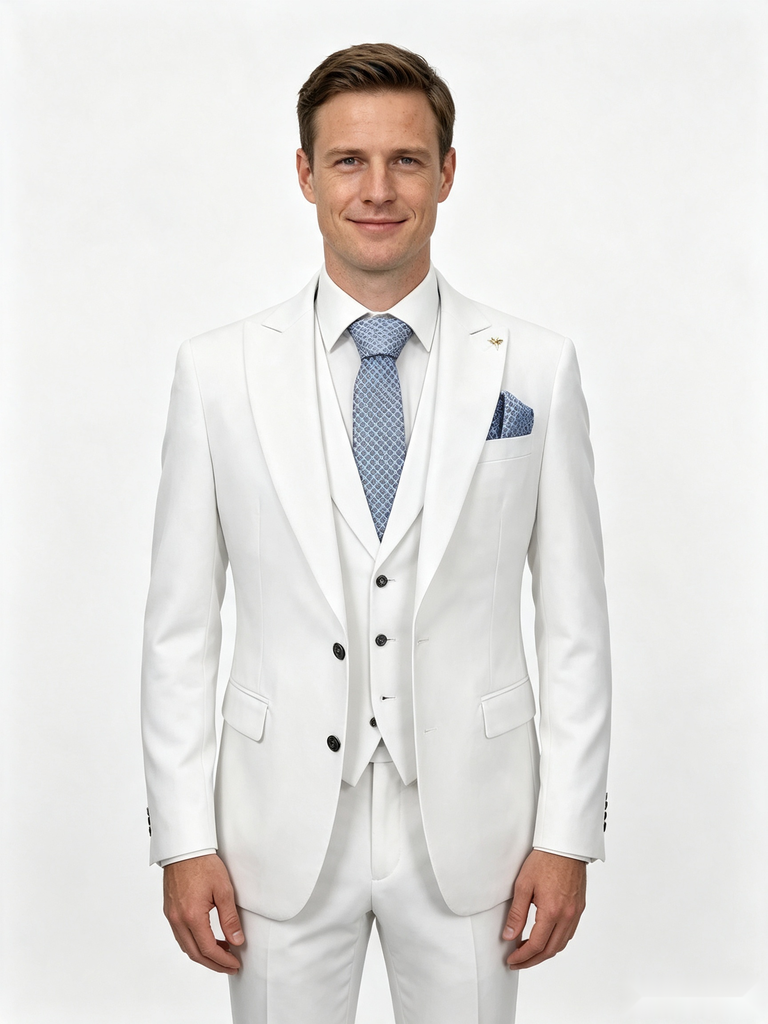 Classic 3 Piece White Men's Suit with Regular Fit and Sophisticated Peak Lapel