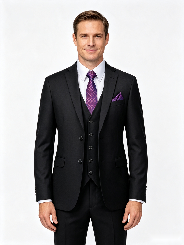 Classic 2 Piece Black Men's Suit with Regular Fit and Sophisticated Peak Lapel