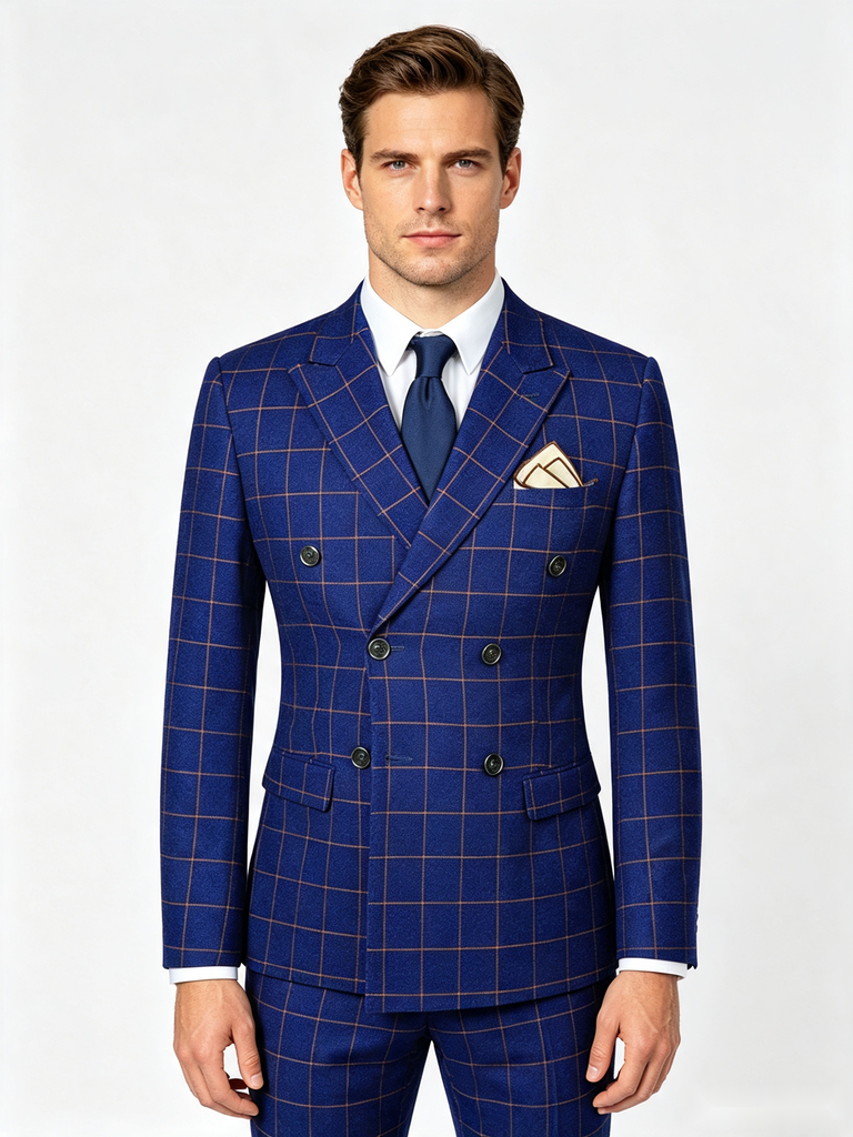 Classic 3 Piece Royal Blue Men's Suit with Regular Fit and Sophisticated Peak Lapel Vertical Strips