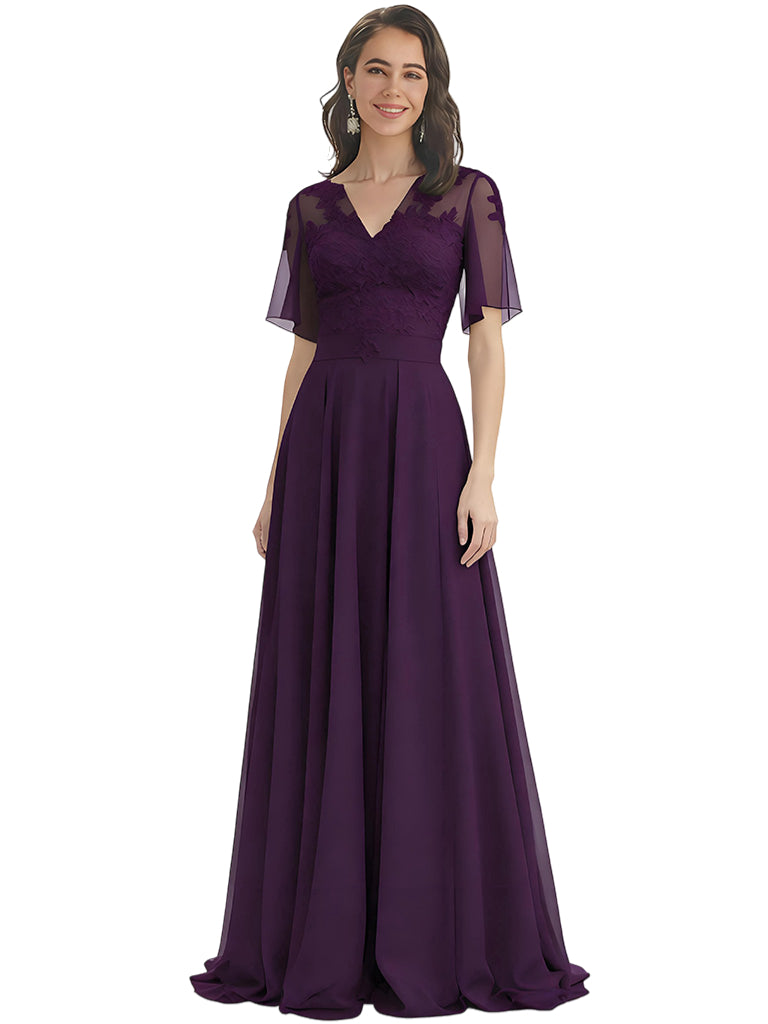 Elegant A-line V-neck Chiffon Flutter Sleeves Mother of the Brides Dresses