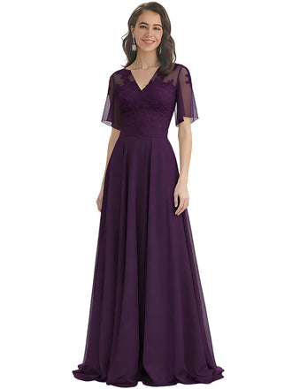 Elegant A-line V-neck Chiffon Flutter Sleeves Mother of the Brides Dresses