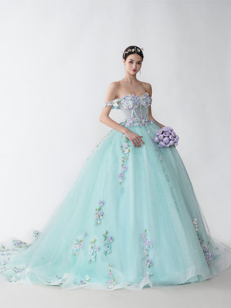 Floral A-line Mint Off Shoulder Maxi Long Party Prom Dresses, Evening Dresses