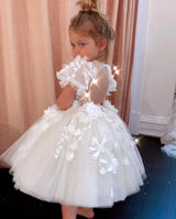Flower Girls Dresses For Weddings Lace Appliques Short Sleeves Children Party Kids Girl Ball Gowns 3D Floral Flowers