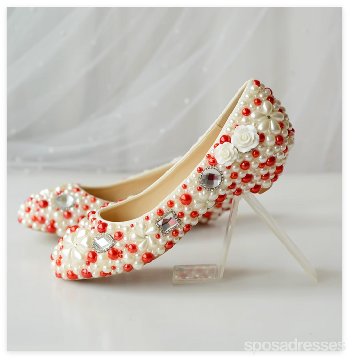 Women's Wedding Shoes Decorative Pearl Wedding Low Heels Bridal Shoes With Beading,H82