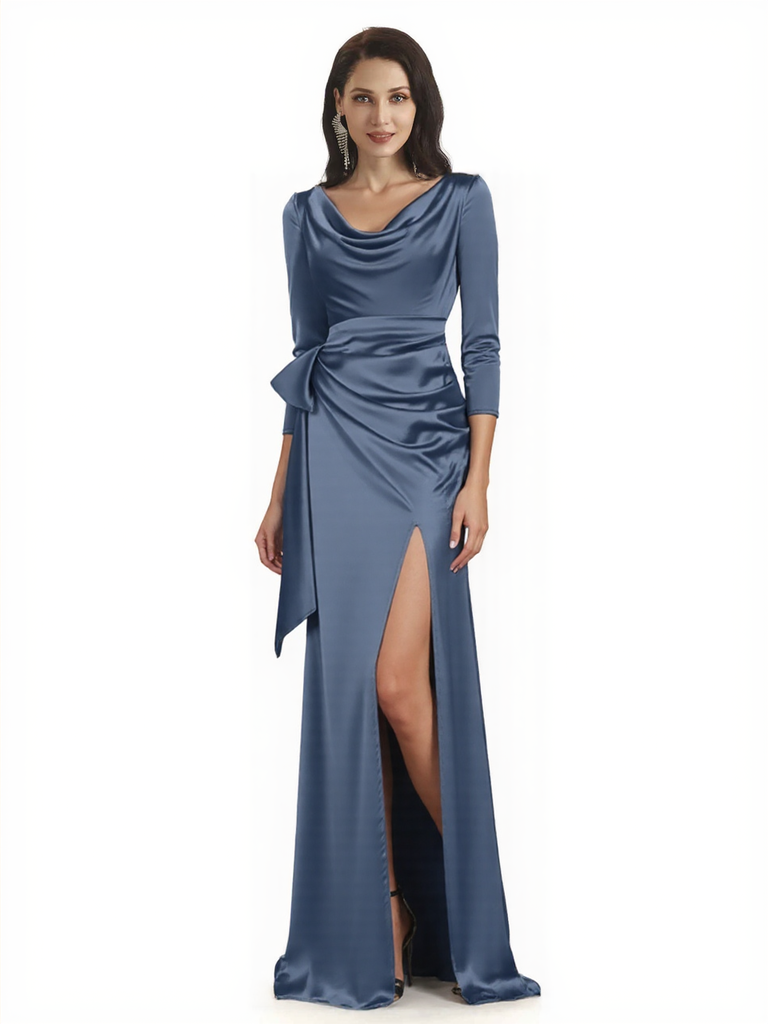 Elegant Cowl Neck Mermaid 3/4 Sleeves Satin Long Mother of The Bride Formal Gowns