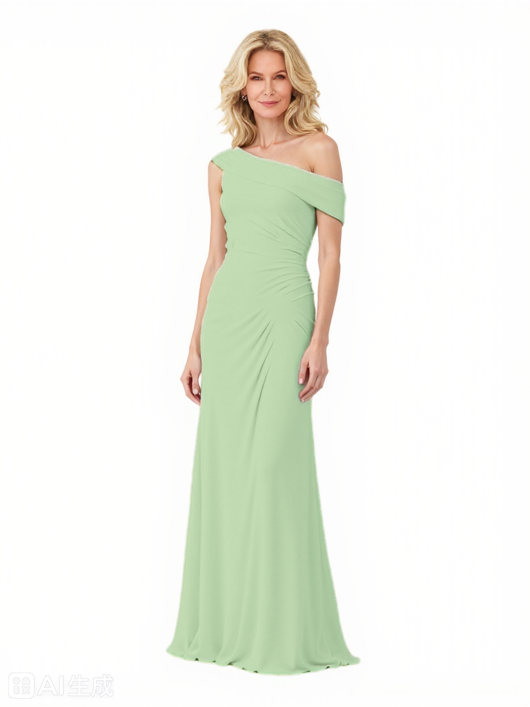 Elegant Asymmetric A-Line Ruched Crepe Long Mother Of The Bride Dresses - ChicSew Elegant Asymmetric A-Line Ruched Crepe Long Mother Of The Bride Dresses - ChicSew