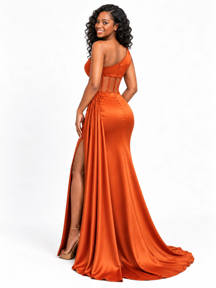 ChicSew Sexy One Shoulder Boning Side Slit Ruched Mermaid Soft Satin Long Bridesmaid Dresses