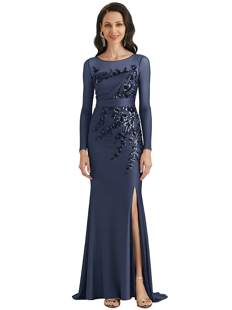 Elegant Mermaid Long Sleeves Lace Mother of the Brides Dresses Side Slit