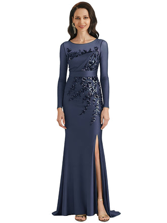 Elegant Mermaid Scoop Side Slit Long Sleeves Mother of the Brides Dresses